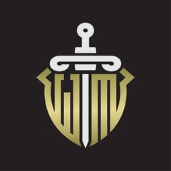 WM Logo monogram with sword and shield combination isolated with gold colors