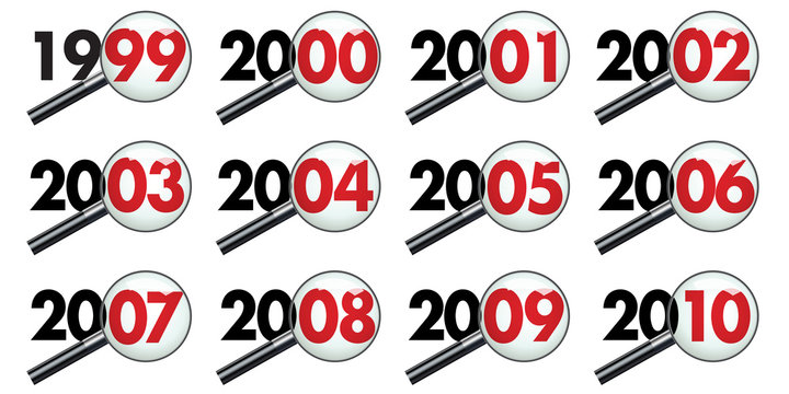 Pictogrammes représentant la décénnie des années 2000 vues au travers d’une loupe pour symboliser le bilan et l’analyse des événements.