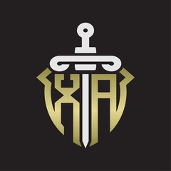 XA Logo monogram with sword and shield combination isolated with gold colors