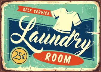 Laundry room retro metal sign design template. Vector image.