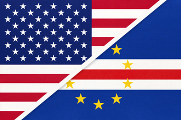 USA vs Cabo Verde national flag from textile. Relationship between two american and african countries.