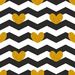 Tile vector pattern with golden hearts and black and white zig zag background