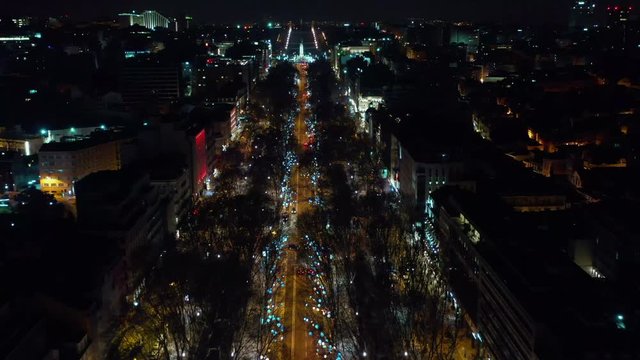 Lisbon, Portugal - 15/01/20: Aerial view of Lisbon - Christmas Lights at night