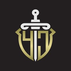 YC Logo monogram with sword and shield combination isolated with gold colors