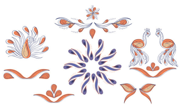 Doodle clipart with peacock and feather in blue and orange for wedding invitation