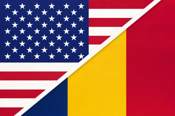 USA vs Chad national flag from textile. Relationship between two american and african countries.