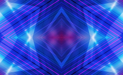 Dark abstract futuristic background. Neon lines glow. Neon lines, shapes. Multi-colored glow, blurry lights, bokeh. Empty stage background