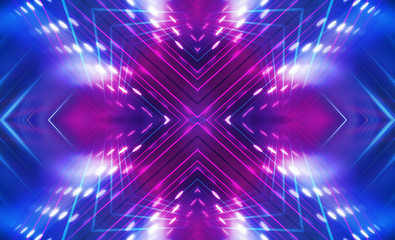 Fototapeta premium Dark abstract futuristic background. Neon lines glow. Neon lines, shapes. Multi-colored glow, blurry lights, bokeh. Empty stage background