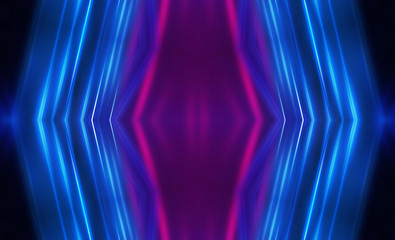 Fototapeta premium Ciemne tło futurystyczny. Neonowe linie świecą. Neonowe linie, kształty. Wielokolorowa poświata, rozmyte światła, bokeh. Puste tło sceny
