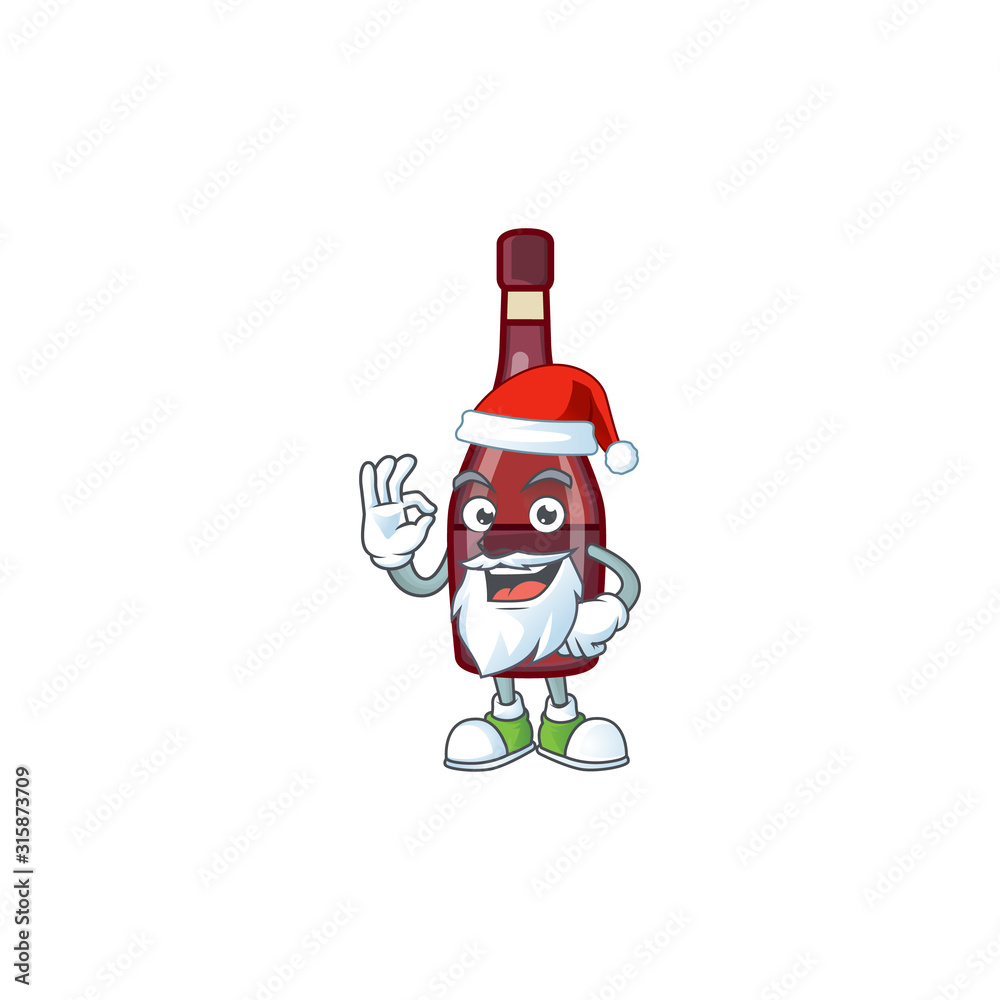 Poster a picture of santa red bottle wine mascot picture style with ok finger