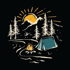Camping Hiking Nature Mountain River Graphic Illustration Vector Art T-shirt Design