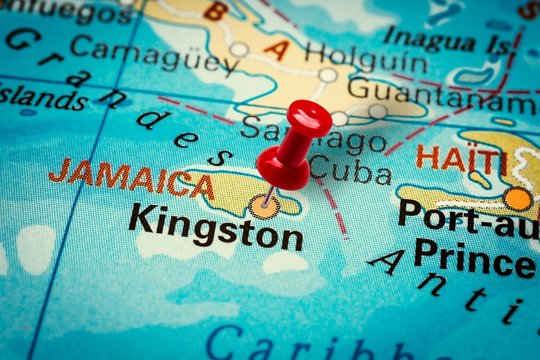 Pushpin pointing at Kingston city in Jamaica