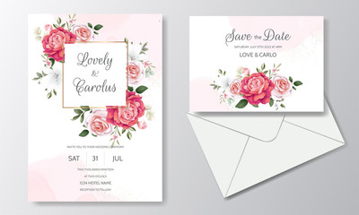 Beautiful Floral Wedding Invitation with Blooming Roses and Green Leaves