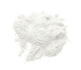 Pile of organic flour isolated on white, top view