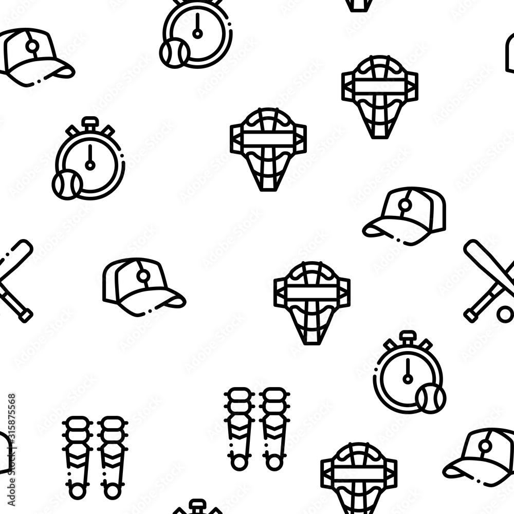 Poster baseball game tools seamless pattern vector thin line. illustrations