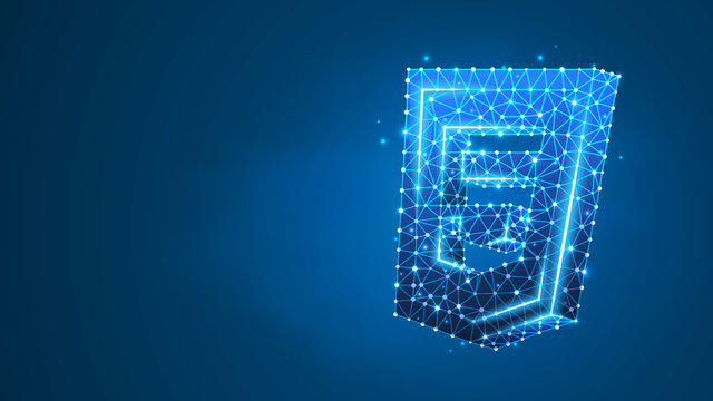 Hypertext Markup Language, html coding sign. Device, programming, developing concept. Abstract, digital, wireframe, low poly mesh, Raster blue neon 3d illustration. Triangle, line, dot