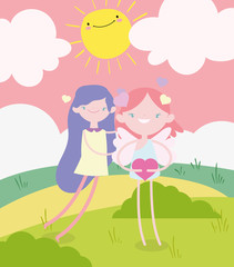 happy valentines day, cute girl and cupid holding heart love romantic