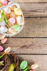 Spring Easter holiday. background. Zero waste Easter concept with traditional Easter decoration - eggs, flowers, branches, bunny. Eco friendly lifestyle, Above copy space