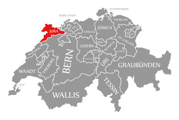 Fototapeta na wymiar Jura red highlighted in map of Switzerland