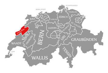 Fototapeta na wymiar Neuenburg red highlighted in map of Switzerland