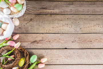 Spring Easter holiday. background. Zero waste Easter concept with traditional Easter decoration - eggs, flowers, branches, bunny. Eco friendly lifestyle, Above copy space