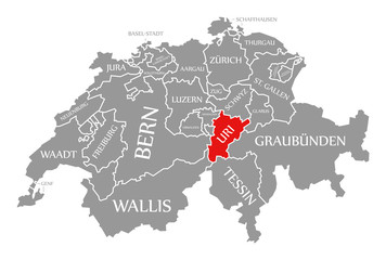 Uri red highlighted in map of Switzerland - obrazy, fototapety, plakaty
