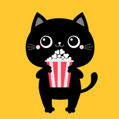Black cat holding eating popcorn. Cinema theater. Cute cartoon kawaii funny character. Film show. Kitten watching movie. Yellow background. Isolated. Flat design