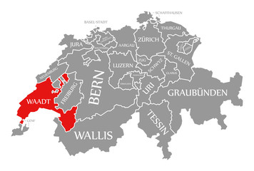 Fototapeta na wymiar Waadt red highlighted in map of Switzerland
