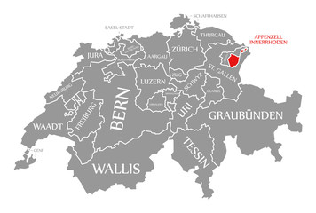 Fototapeta na wymiar Appenzell Innerrhoden red highlighted in map of Switzerland