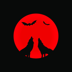 Silhouette of the wolf howling at the moon at night. Vector illustration