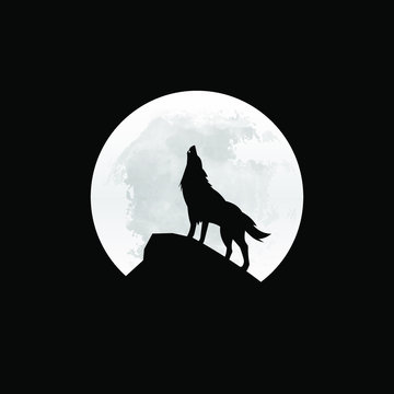 Silhouette of the wolf howling at the moon at night. Vector illustration