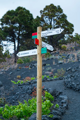 Hiking trail sign, Teneguia Volcanoes Natural Monument, Fuencaliente municipality, La Palma island, Canary Islands, Spain, Europe, Unesco Biosphere Reserve