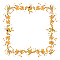 Square frame with autumn yellow leaf on white background. Maple, wild grape, oak and birch leaves. For design, posters, banners, save the dates, greeting cards. Copy space. Vector.