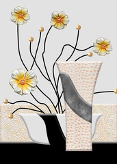 Naklejki  3d fototapeta czarno-biały wazon z kwiatami na białym tle.
