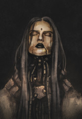 Digital illustration of sci-fi cyborg girl with long black hair and wires on her neck standing in the night scene. Futuristic post apocalypse cyber female character. Concept art cyberpunk robot girl.