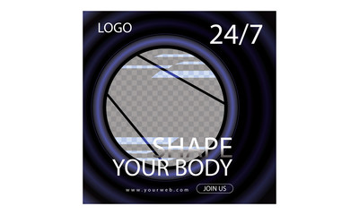 Social media post on gym Template design for promotion, special offer and discount. Advertising banners or flyers with wave frame. Vector concept with space to add