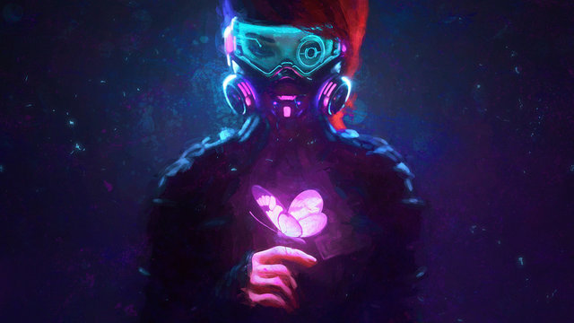 Digital illustration of cyberpunk girl in futuristic gas mask with protective glasses, filters in jacket looking at the glowing pink butterfly landed on her finger in a night scene with air pollution