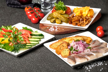 Assorted pickled and fresh vegetables - pickled herring, chopped chives with potato, peppers, cucumbers, tomatoes, capers, salt and herbs. Set of vegetables snacks for alcohol vodka. Russian