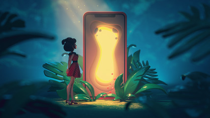 Young girl looks at the magic gate with a glowing yellow light. Traveler stands near smartphone with portal screen to another world. 3d illustration of the game location of cartoon girl in the jungle.