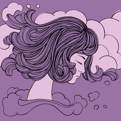 Digital hand drawing illustration of female sleeping face with sea water hair. Abstract graphic girl hair. Astrological zodiac sign Aquarius. Black line art on purple color. Gentle illustration