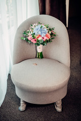 Closeup of elegant stylish brown male accessories isolated on white wooden background. Top view of...