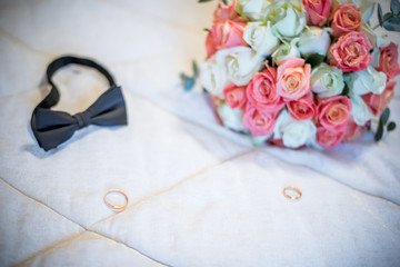 Closeup of elegant stylish brown male accessories isolated on white wooden background. Top view of...