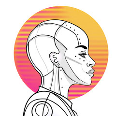 Portrait of robot android woman in retro futurism style. Vector illustration of a cyborg in glowing neon bright colors. futuristic synth wave flyer template. Cyber technology. African american style.
