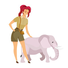 Tourist with elephant flat color vector illustration. Female tourist touching mammal baby. Trip to savannah. South african creature. Woman isolated cartoon character on white background