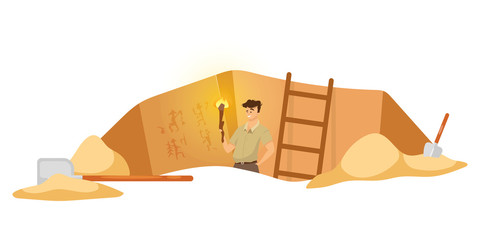 Excavation flat vector illustration. Male researcher on archeological site, man observe mural paintings. Egyptian wall pictures discovery. Ground hole in Africa. Expedition cartoon background © IMGvisualsCharacters