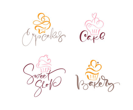 Set of four illustrations of cake vector calligraphic text with logo. Sweet cupcake with cream, vintage dessert emblem template design element. Candy bar birthday or wedding invitation