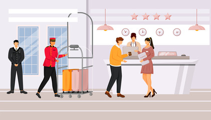 Hotel reception flat vector illustration. Guest talking with resort manager in lobby. Registration, waiting area. Bellman carrying baggage cart with suitcases. Staff cartoon characters © IMG visuals characte