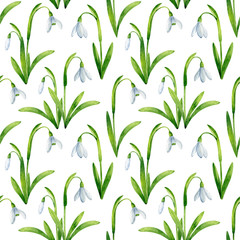 Seamless pattern with snowdrops isolated on white background. Watercolor spring floral illustration. Hand drawn texture for fabrics, wrapping paper, scrapbooking, wallpapers.