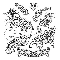 Set of vintage floral pattern design elements. Victorian Motif, tattoo design element. Bouquet concept art. Isolated vector illustration in line art style.