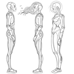 Portrait of robot android woman in retro futurism style. Vector illustration of a cyborg in glowing neon bright colors. futuristic synth wave flyer template. Cyber technology. African american style.